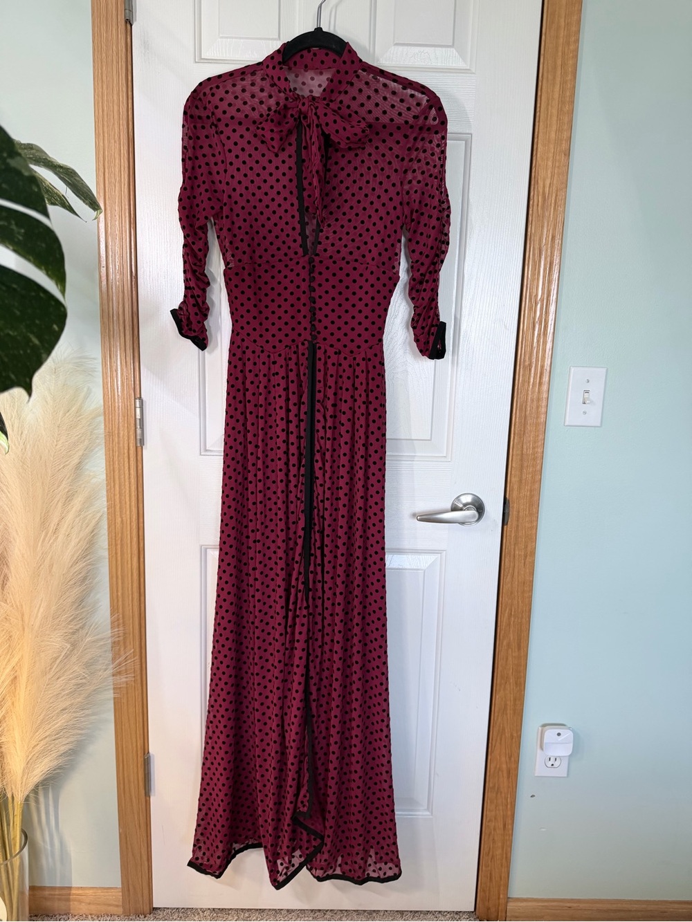 Unique Vintage Burgundy Polka Dot Tie-Neck Maxi Dress